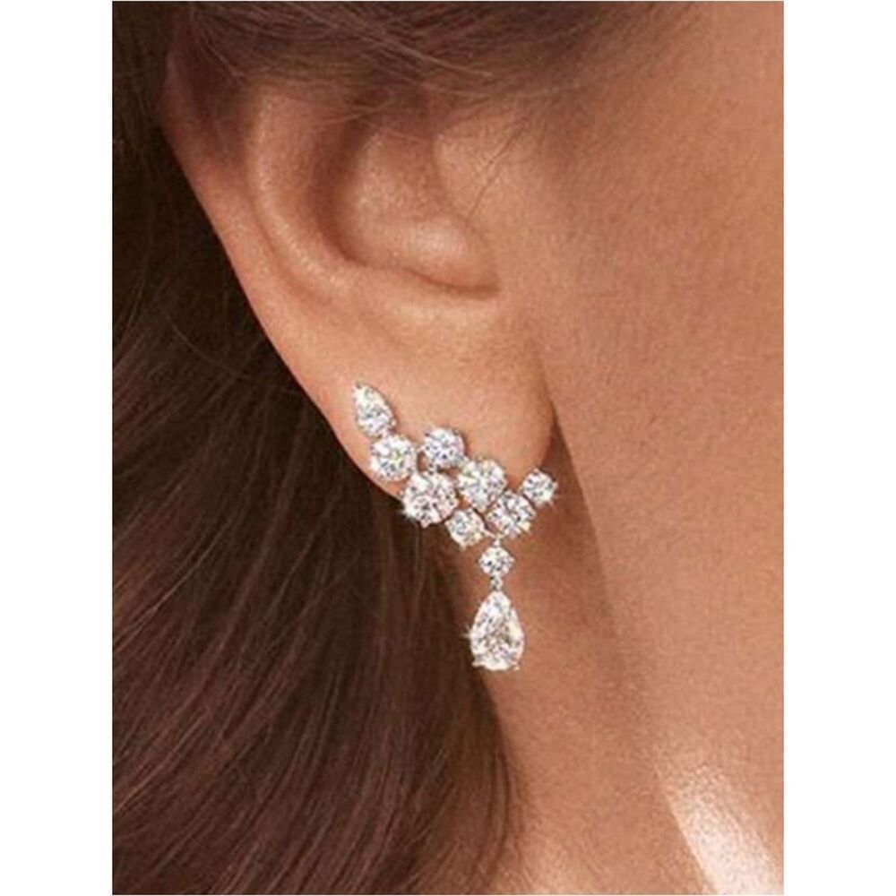 Dazzling Crystal Drop Ear Climbers - Silver Tone R 519